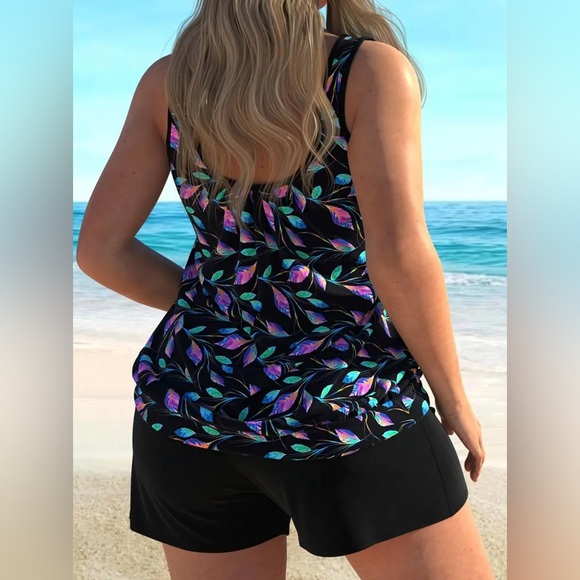 Women's Black Leaf Print Tankini Set - Picture 2 of 3